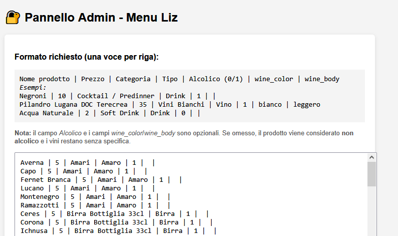 Pannello admin per gestione menu