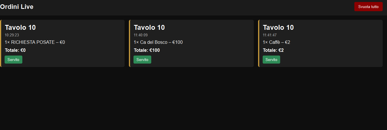 Dashboard comande live