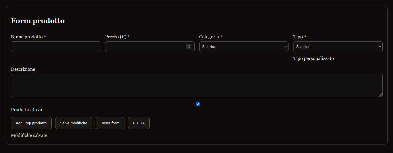 Pannello Admin modifica prodotto
